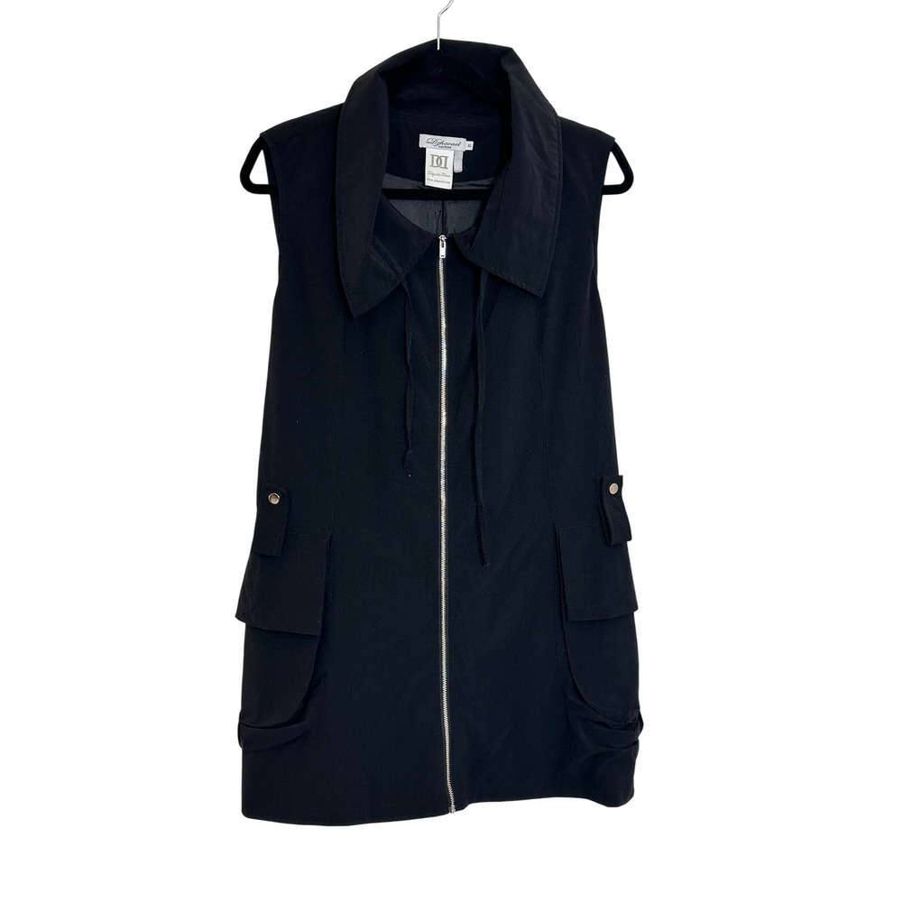 Dzhavael Couture Full Zip Vest Size XL Black Pockets Belted Lagenlook Travel‎